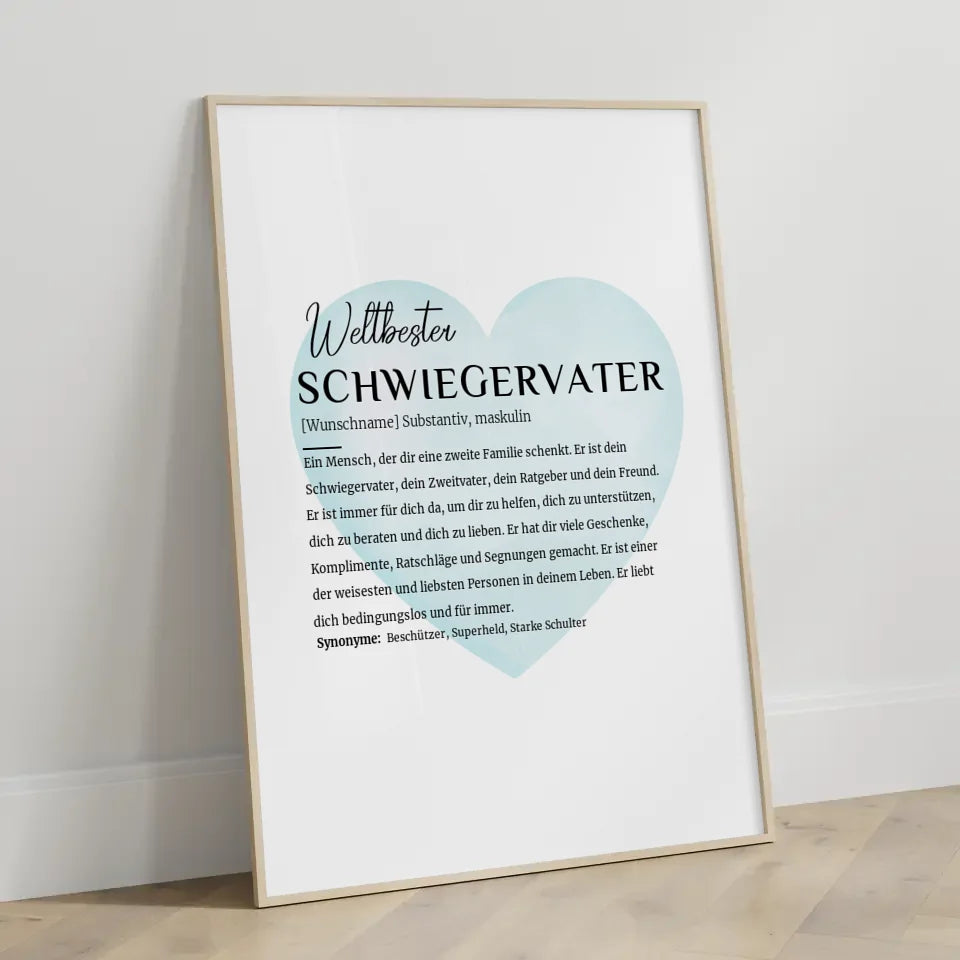 Personalisiertes Poster Definition Schwiegervater mit Name Wasserfarben Herz Hellblau
