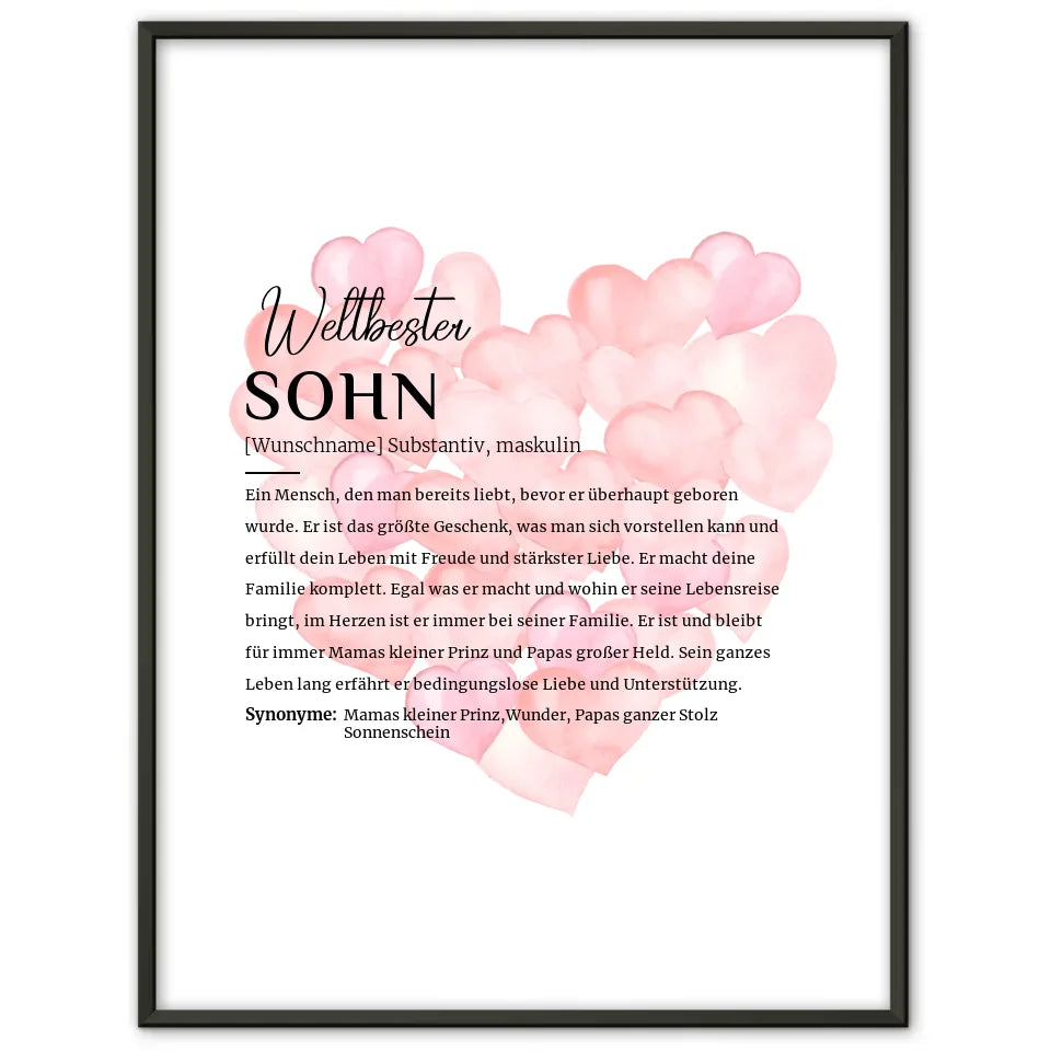 Personalisiertes Poster Definition Sohn mit Name und Ballonherzen