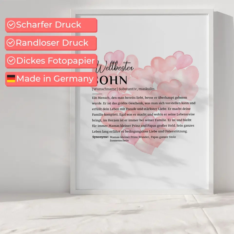 Personalisiertes Poster Definition Sohn mit Name und Ballonherzen