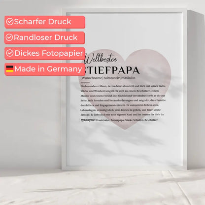 Personalisiertes Poster Definition Stiefpapa mit Name Wasserfarben Herz