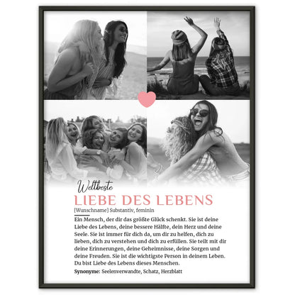 Personalisiertes Poster Definition Liebe des Lebens mit 4 Fotos und Name