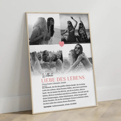 Personalisiertes Poster Definition Liebe des Lebens mit 4 Fotos und Name