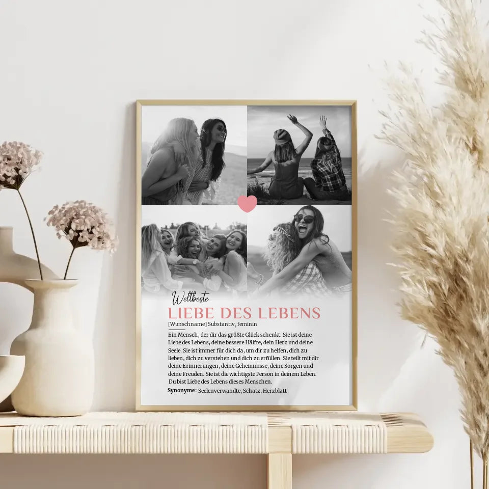 Personalisiertes Poster Definition Liebe des Lebens mit 4 Fotos und Name