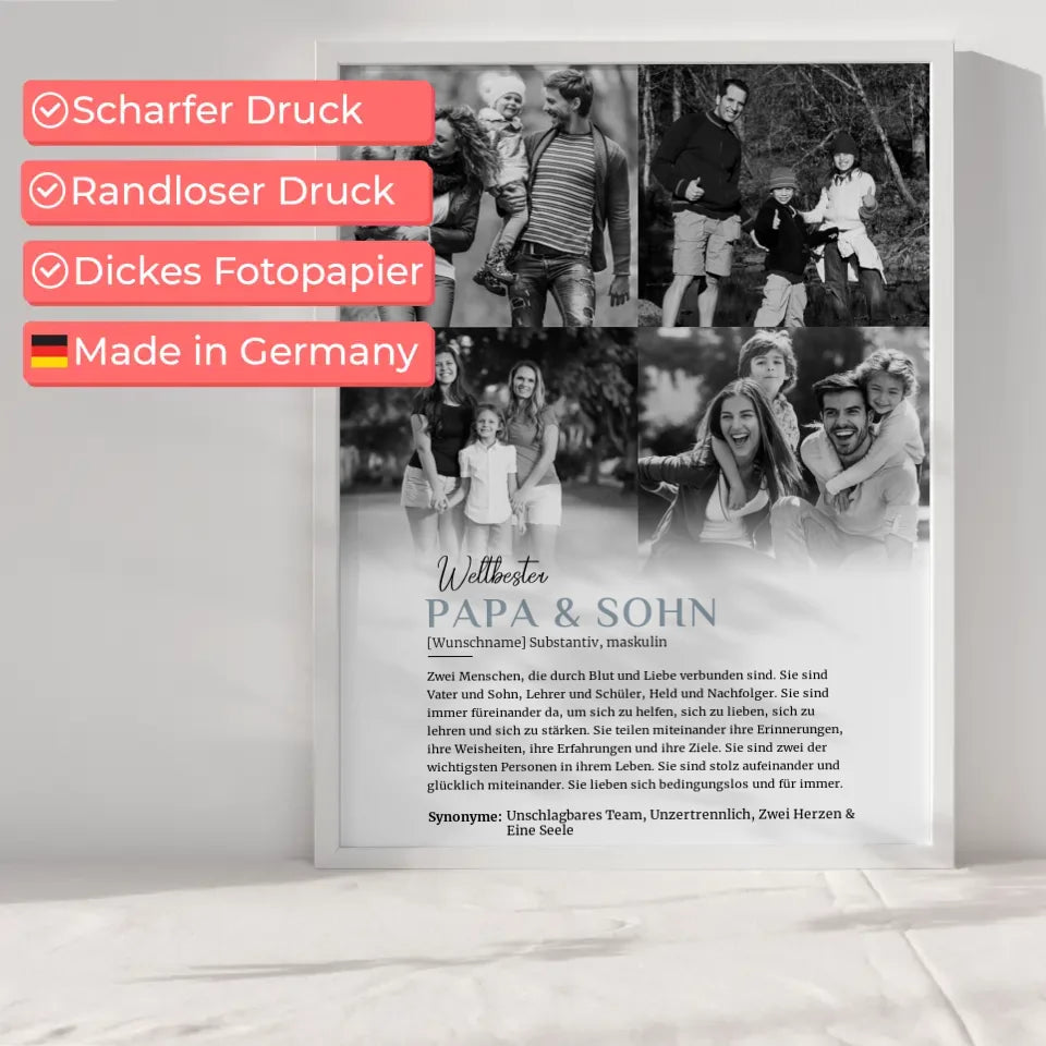 Personalisiertes Poster Definition Papa & Sohn 4 Fotos mit Name