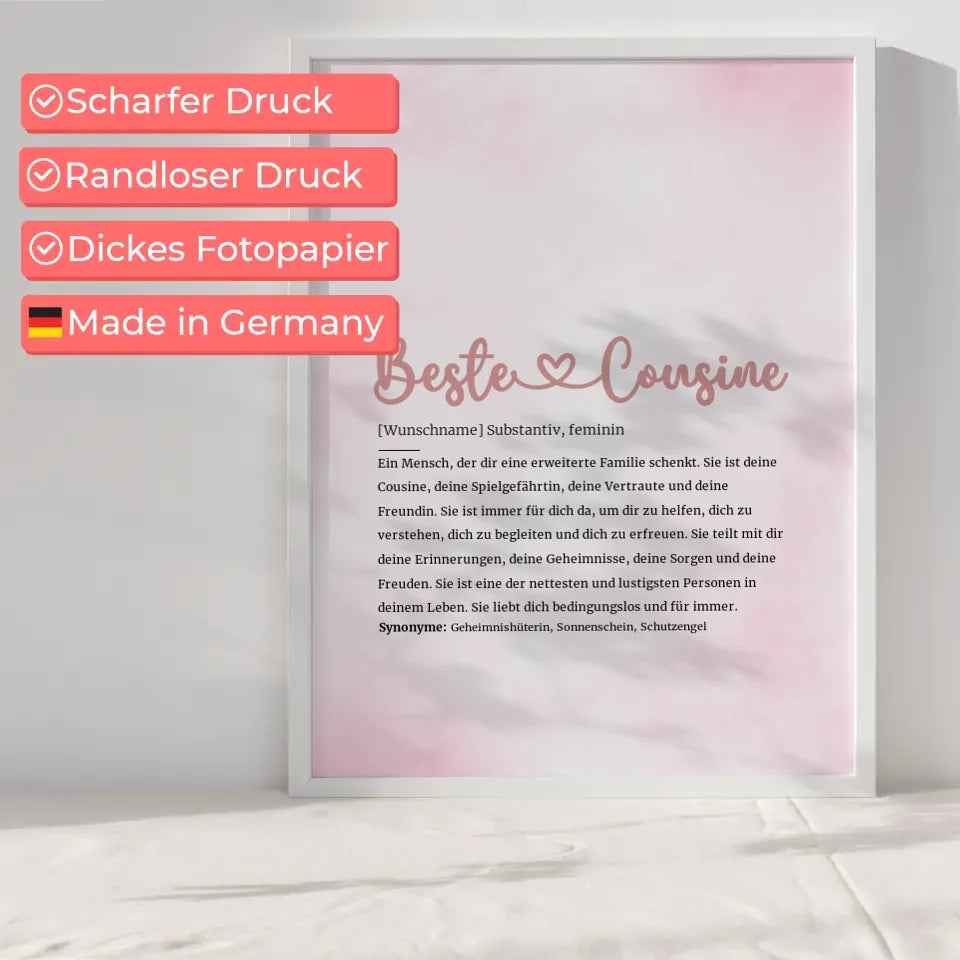 Personalisiertes Poster Definition Beste Cousine Herz mit Name