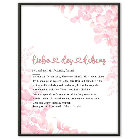 Personalisiertes Poster Definition Liebe des Lebens Herz mit Name