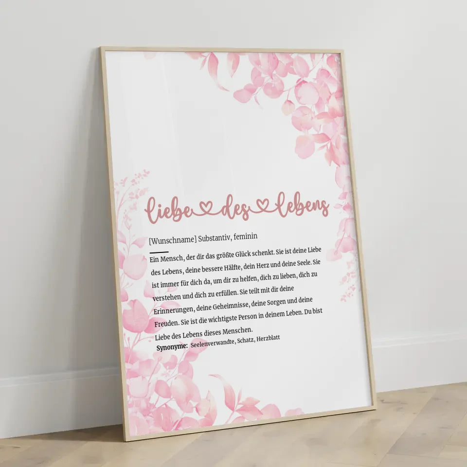 Personalisiertes Poster Definition Liebe des Lebens Herz mit Name