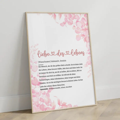 Personalisiertes Poster Definition Liebe des Lebens Herz mit Name
