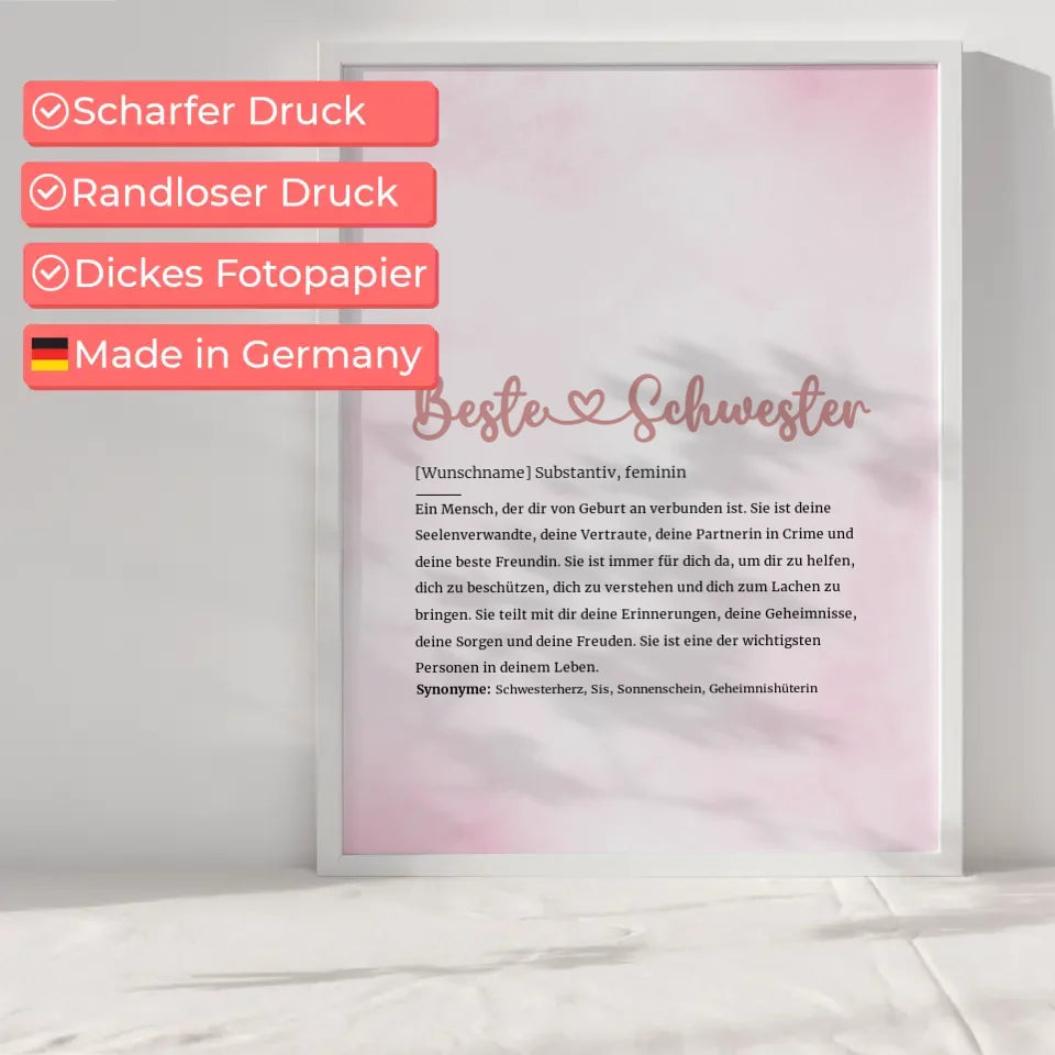 Personalisiertes Poster Beste Schwester Herz mit Name Definition Geschenk