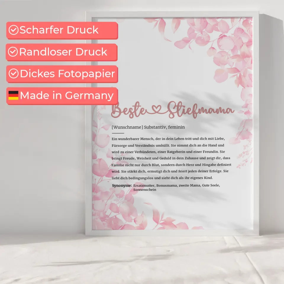 Personalisiertes Poster Definition Beste Stiefmama Herz mit Name