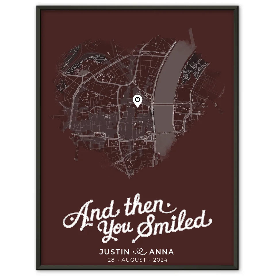 Personalisiertes Poster für Paare Stadtkarte Herzform And Then You Smiled 1