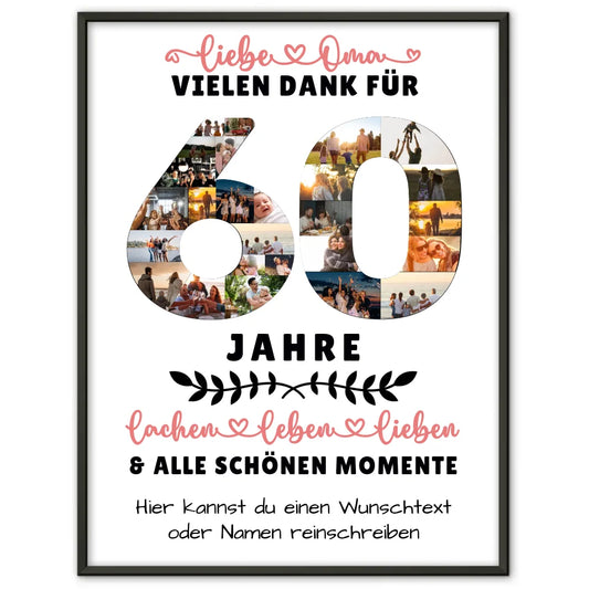 personalisiertes poster fur oma 60 geburtstag mit fotos lachen leben wunschtext Geburtstags Design mit Fotos in Zahlen Vertikal 1