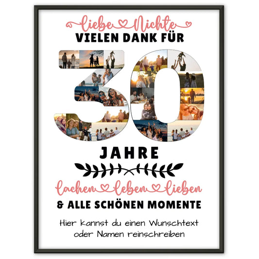 Personalisiertes Poster für Nichte zum 30 Geburtstag mit Fotos und Wunschtext