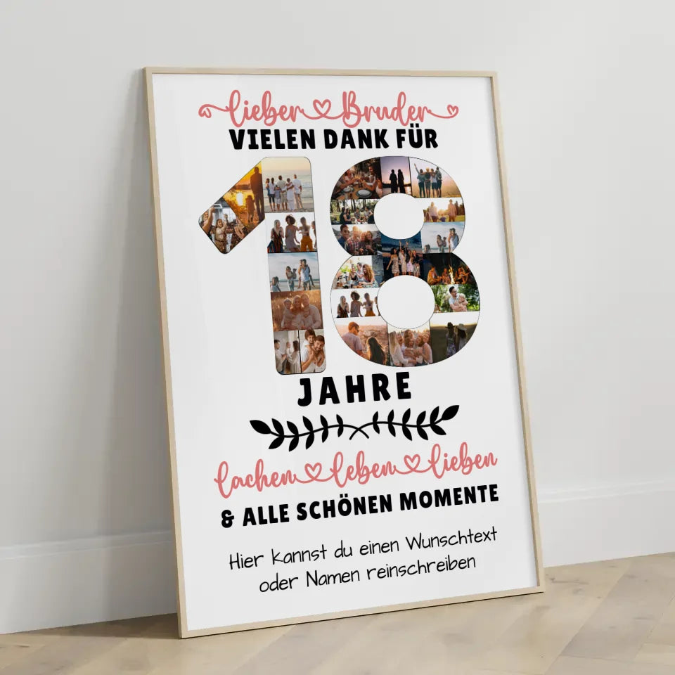 Personalisiertes Poster Bruder 18 Geburtstag Fotos Lachen Leben Wunschtext