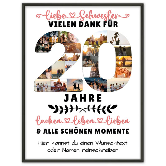 Personalisiertes Poster für Schwester zum 20 Geburtstag mit Fotos und Wunschtext 1