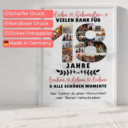 Personalisiertes Poster für Schwester zum 18 Geburtstag mit Fotos Wunschtext