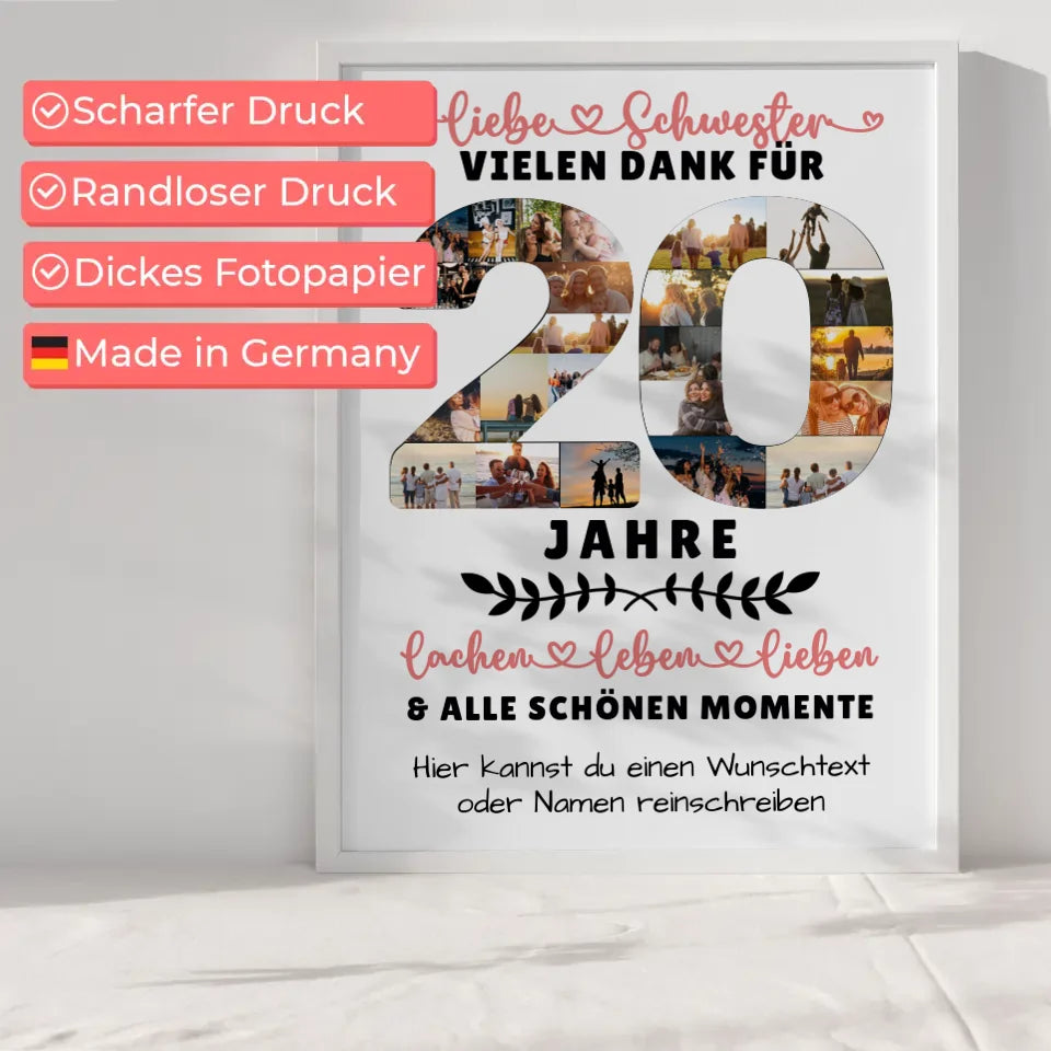 Personalisiertes Poster für Schwester zum 20 Geburtstag mit Fotos und Wunschtext