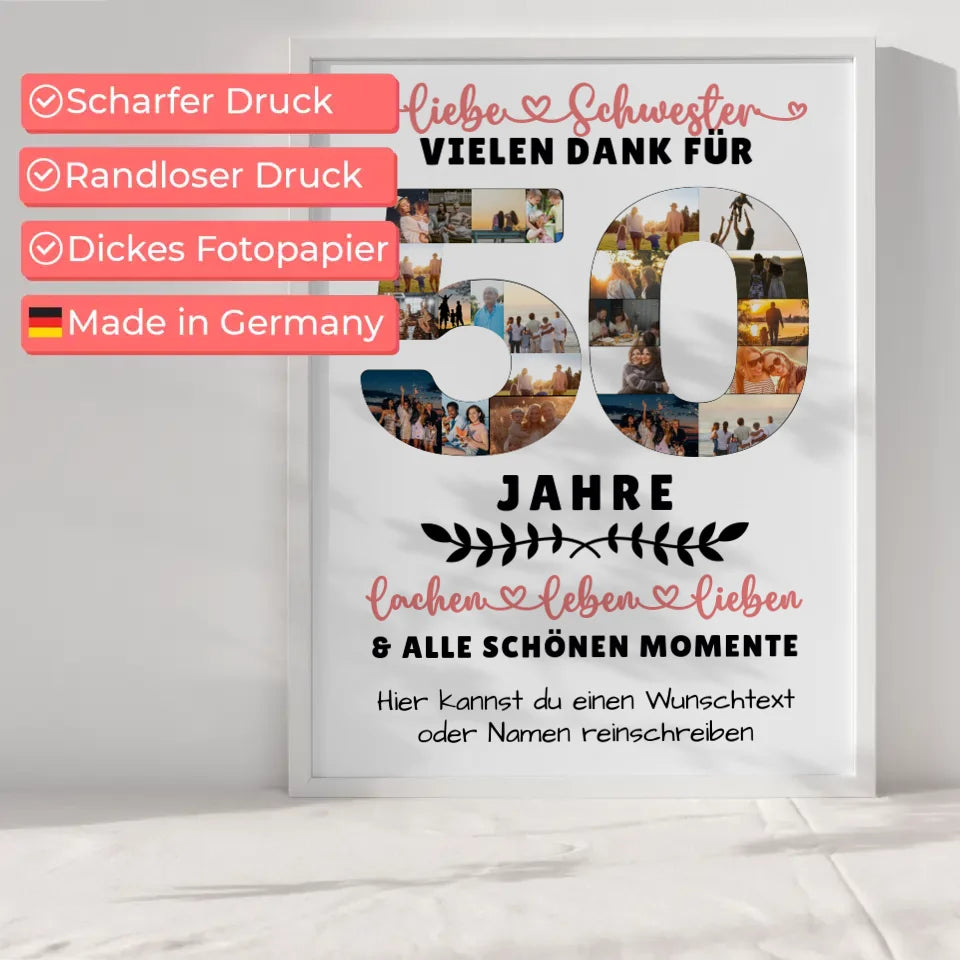 Personalisiertes Poster für Schwester zum 50 Geburtstag mit Fotos und Wunschtext