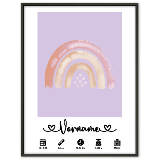 Geburtsposter Personalisiert Geburtsdaten Regenbogen Beige Flieder mit Name Kinderzimmer 1