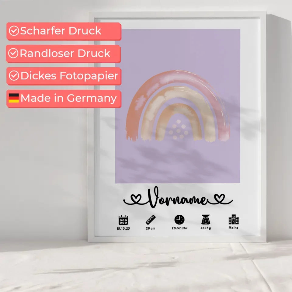 Geburtsposter Personalisiert Geburtsdaten Regenbogen Beige Flieder mit Name Kinderzimmer