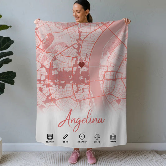 personalisierte decke geburt stadtkarte rot mit geburtsdaten madchen Geburt Poster mit Stadtkarte 1