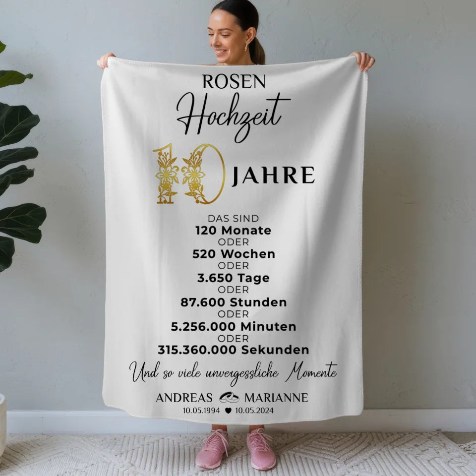 Personalisierte Decke Geschenk zur Rosenhochzeit 10 Hochzeitstag Momente Namen Wunschtext 1