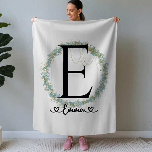Personalisierte Decke mit Anfangsbuchstaben E und Blätter Kranz A-Z 1
