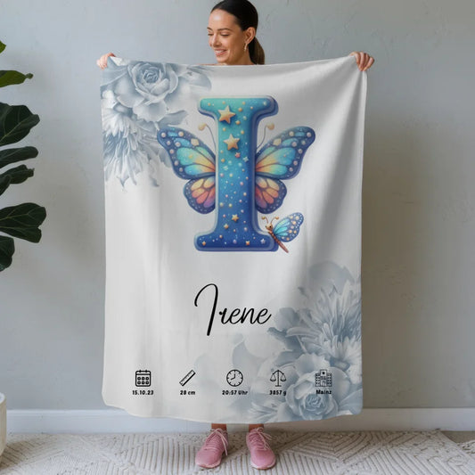Personalisierte Decke mit Blüten Blau und Anfangsbuchstaben I Geburt 1