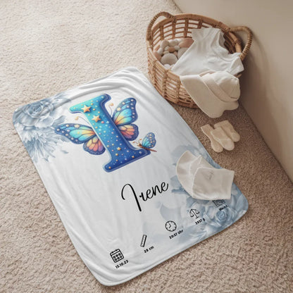 Personalisierte Decke mit Blüten Blau und Anfangsbuchstaben I Geburt 2