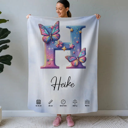 Personalisierte Decke Anfangsbuchstaben H Wasserfarben Stil Hellblau 1