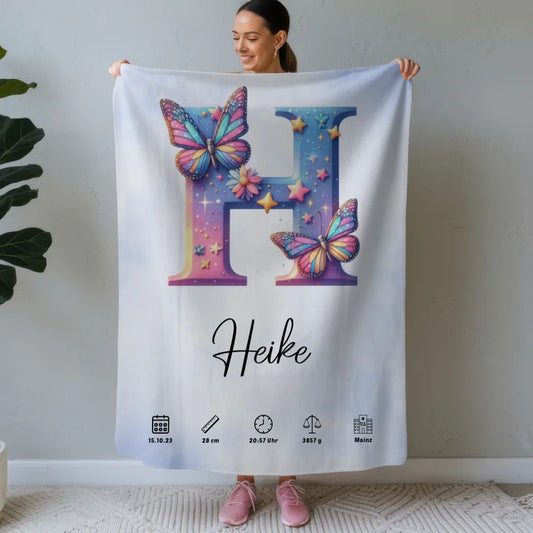 Personalisierte Decke Anfangsbuchstaben H Wasserfarben Stil Hellblau 1