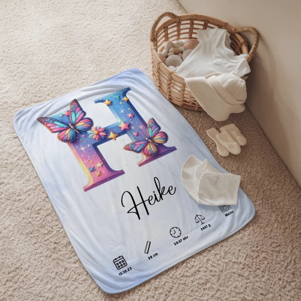 Personalisierte Decke Anfangsbuchstaben H Wasserfarben Stil Hellblau 2