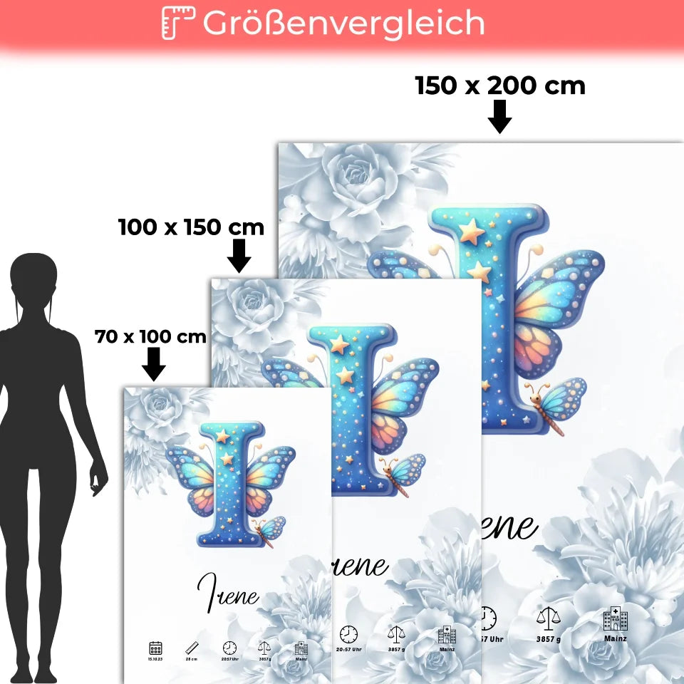 Personalisierte Decke mit Blüten Blau und Anfangsbuchstaben I Geburt 5