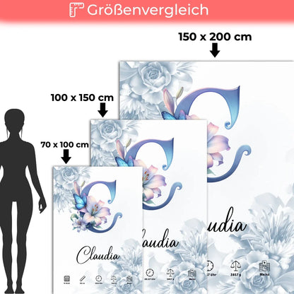 Personalisierte Decke mit Buchstabe C und blauen Blüten für Geburt 5