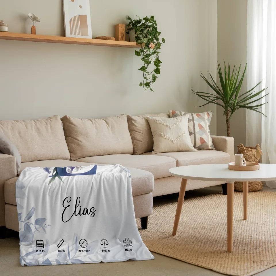 Personalisierte Decke mit Anfangsbuchstaben E Eucalyptus Blau Geburt 4