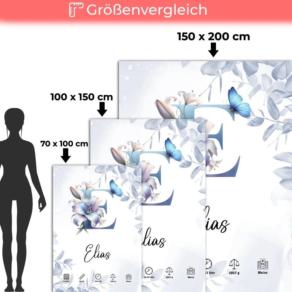 Personalisierte Decke mit Anfangsbuchstaben E Eucalyptus Blau Geburt 5