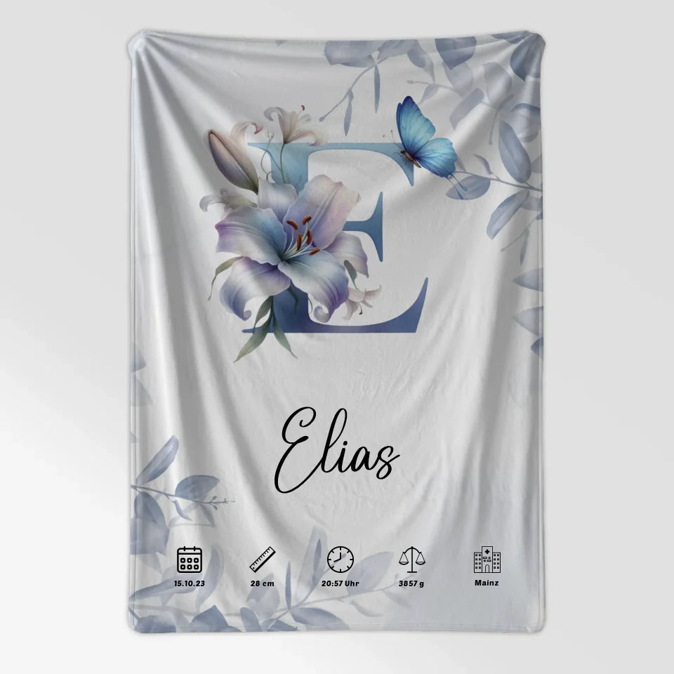 Personalisierte Decke mit Anfangsbuchstaben E Eucalyptus Blau Geburt 7