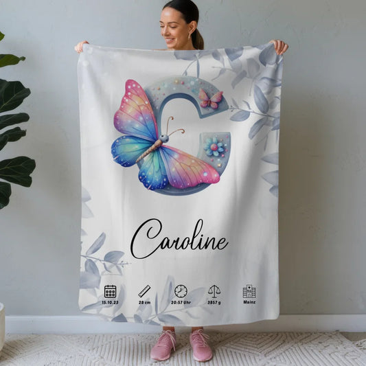 Personalisierte Decke mit Anfangsbuchstaben C Eucalyptus Blau Geburt 1