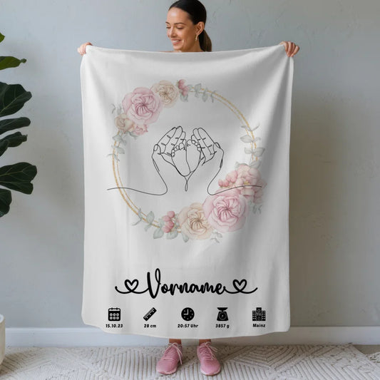 Personalisierte Geburtsdecke Floral Kreis mit Babyfüßen Lineart 1