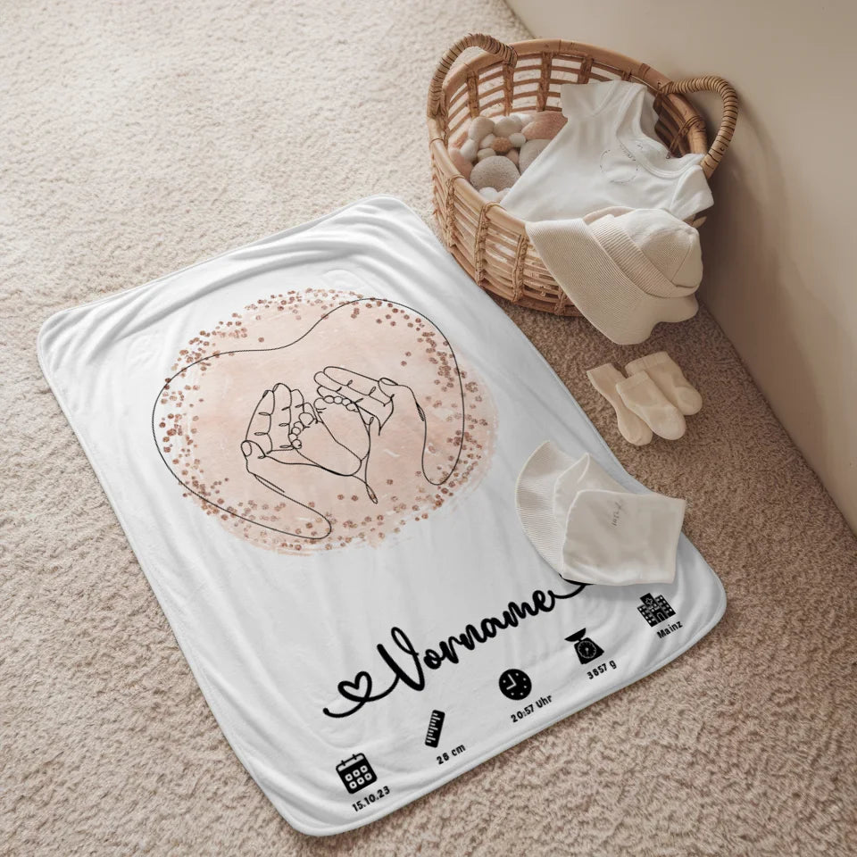 personalisierte decke geburt farbkreis rose babyfusse lineart mit name 2