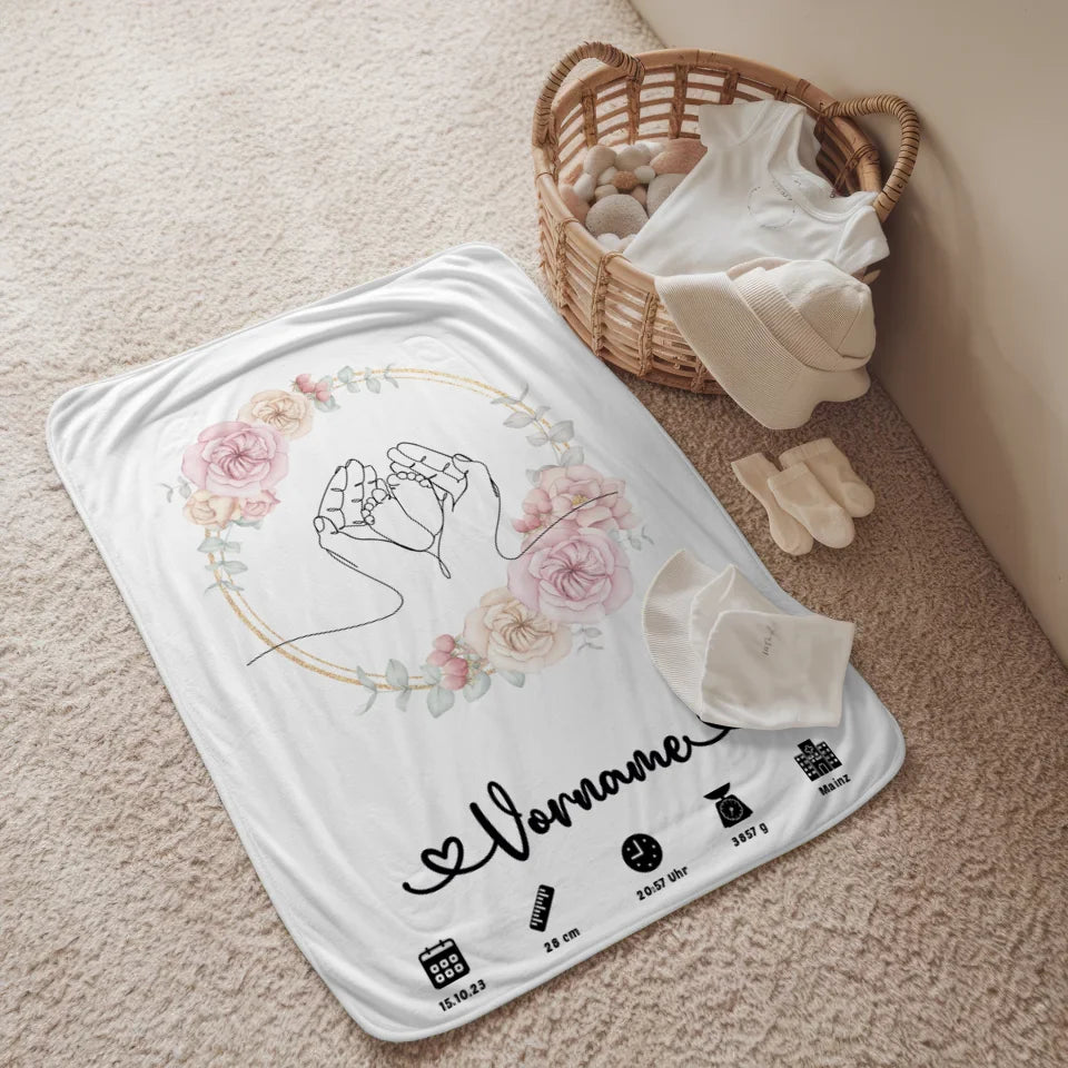 personalisierte geburtsdecke floral kreis mit babyfussen lineart 2