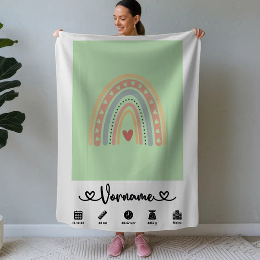 Personalisierte Decke Geburt Regenbogen Herz Weißgrün mit Namen für Kinderzimmer 1