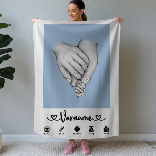 Personalisierte Decke Lichtblau mit Namen Geburtsdaten Hände Kinderzimmer 1