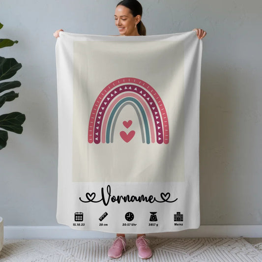 Personalisierte Geburtsdecke Beige Regenbogen mit Name und Geburtsdaten 1
