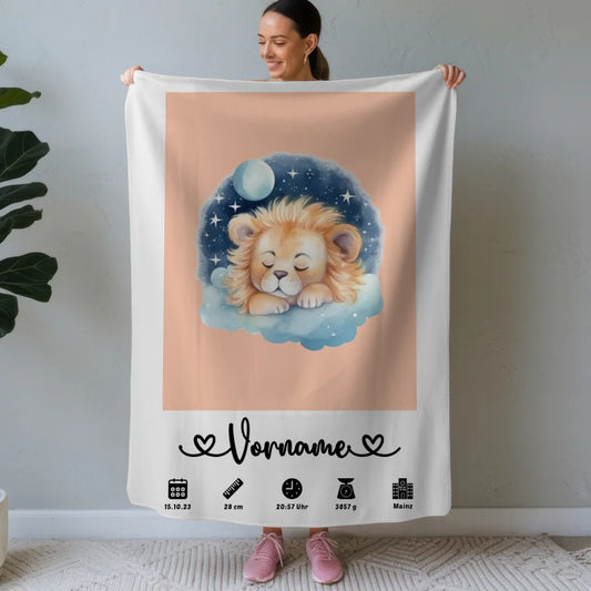 Personalisierte Geburtsdecke Löwen Baby Beigerot mit Name 1
