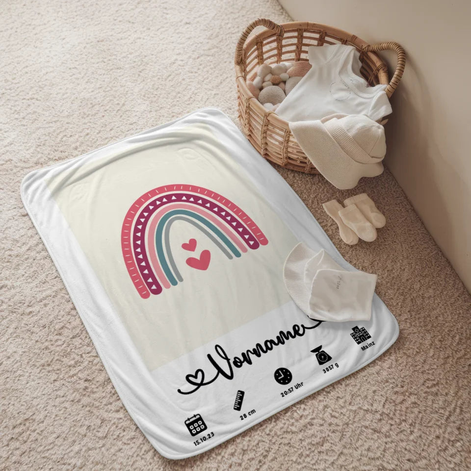 personalisierte geburtsdecke beige regenbogen mit name und geburtsdaten 2