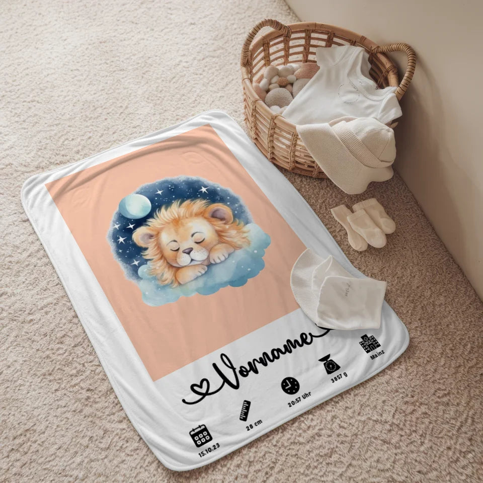 personalisierte geburtsdecke lowen baby beigerot mit name 2