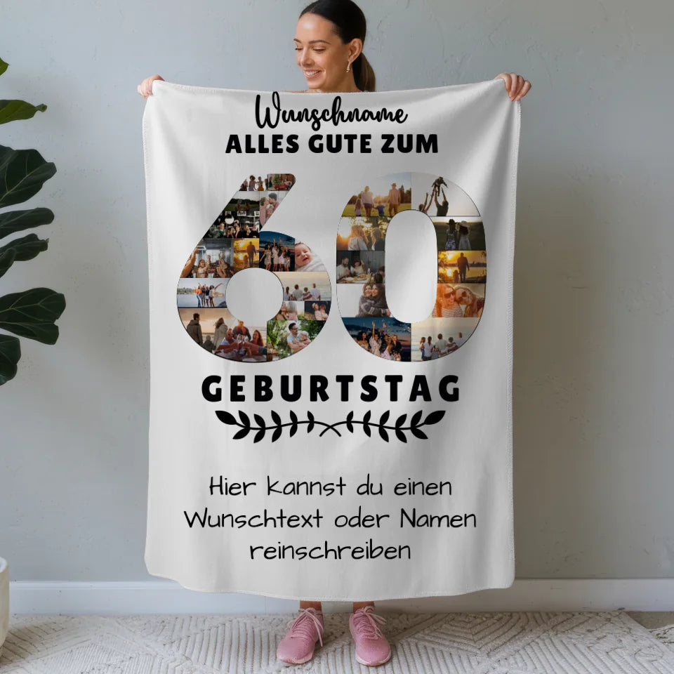 personalisierten decke zum 60 geburtstag mit wunschname wunschtext Geburtstags Design mit Fotos in Zahlen Vertikal 1