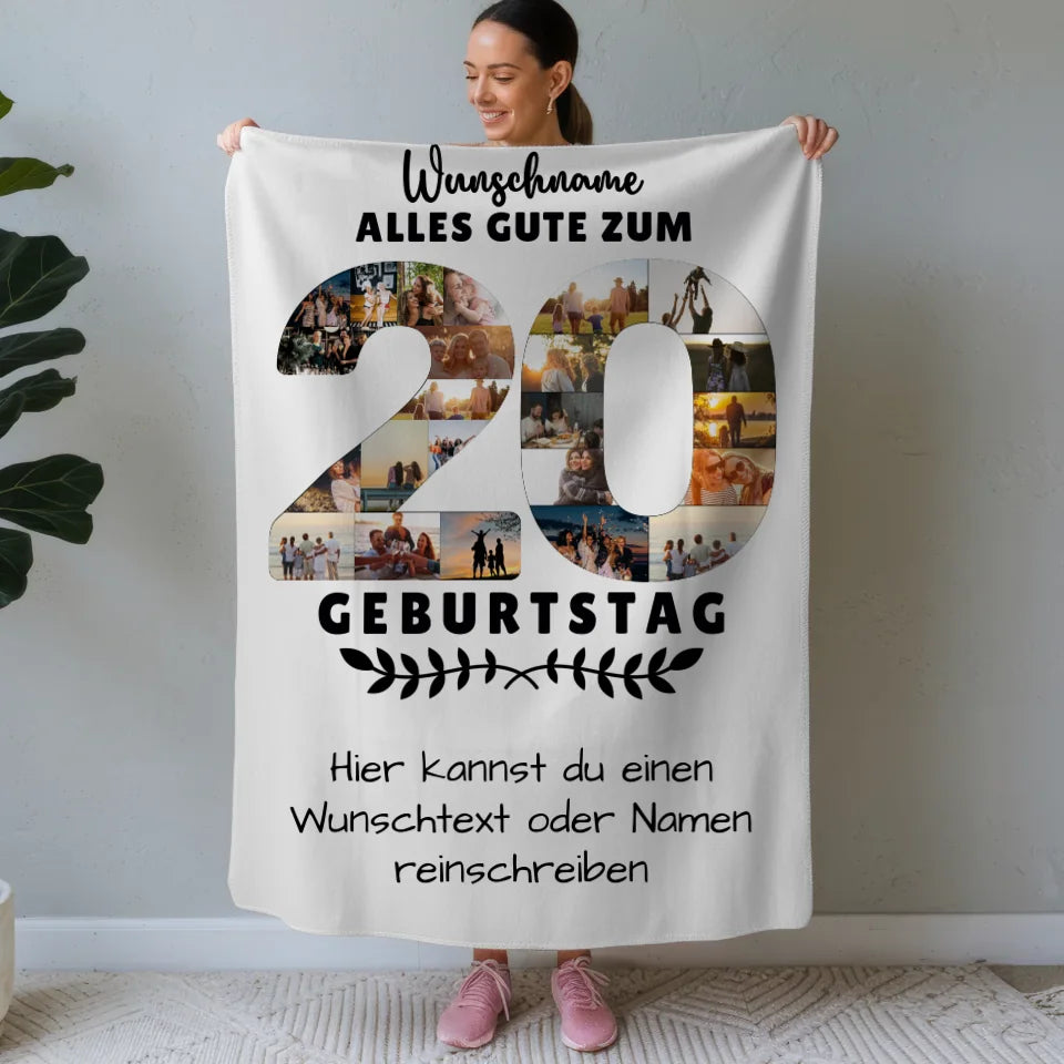 personalisiertes decke zum 20 geburtstag mit wunschname wunschtext Geburtstags Design mit Fotos in Zahlen Vertikal 1