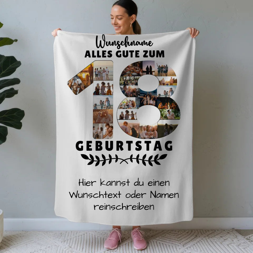 personalisiertes geschenk decke 18 geburtstag mit wunschname wunschtext bruder schwester Geburtstags Design mit Fotos in Zahlen Vertikal 1